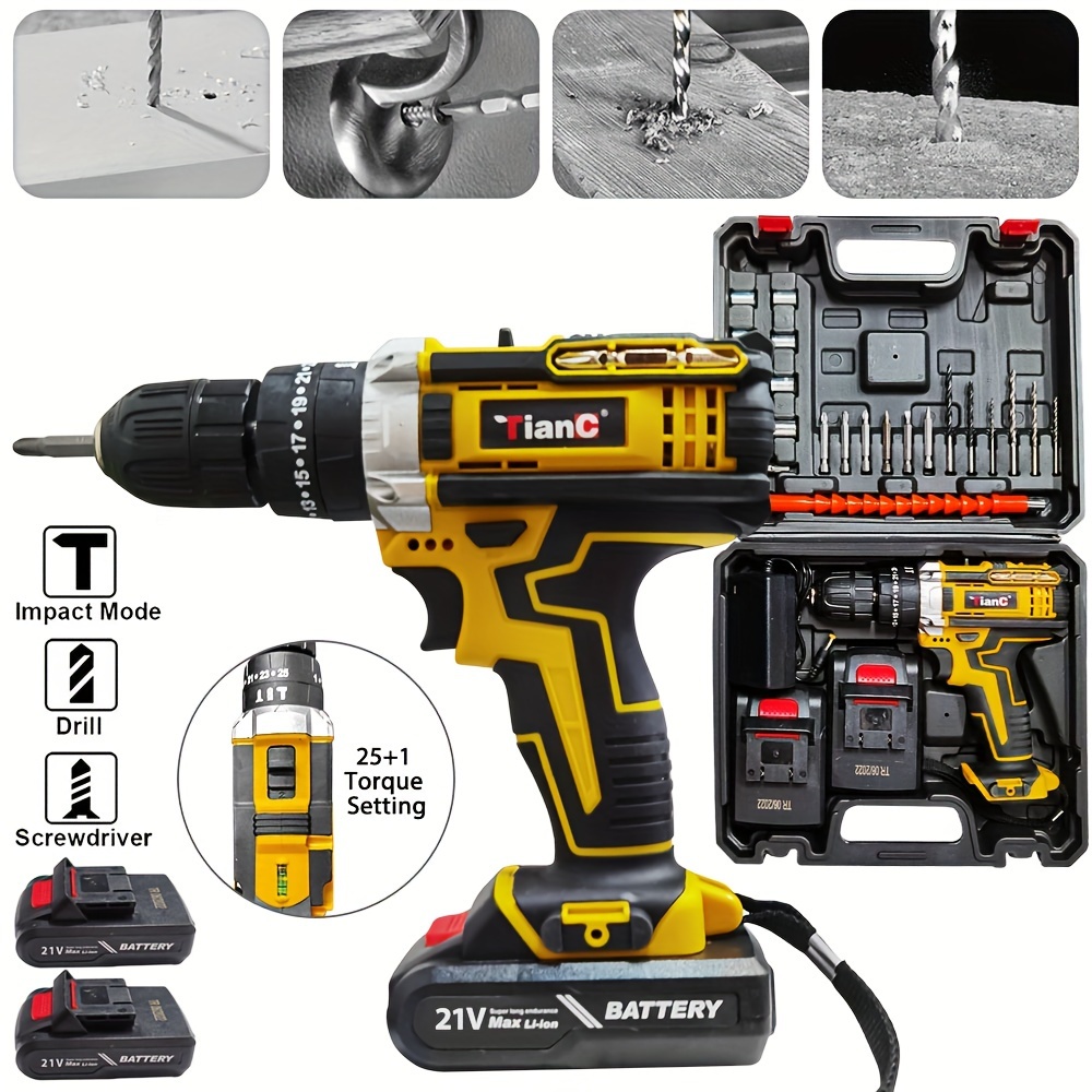 

21v Cordless Drill Set, Power Drill 59pcs With 3/8 Inch Keyless Chuck, 25 3 Clutch Electric Drill With Work Light, Max Torque 45nm, 2-variable Speed & 2 Batteries And Fast Charger