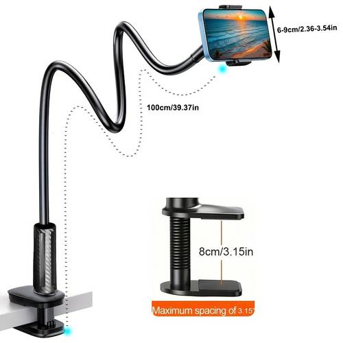 un soporte para teléfono con brazo largo de 37 pulgadas que , diseñado como un soporte para teléfonos móviles. un diseño de cuello de para mayor estabilidad y previene caídas, ideal para usar en camas, mesitas de noche, escritorios, cabeceros