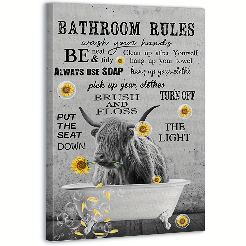 

Highland Cow & Bathtub Canvas Art Print - 12x16" Inspirational Bathroom Decor, Black & Style Wall Poster For Home Office