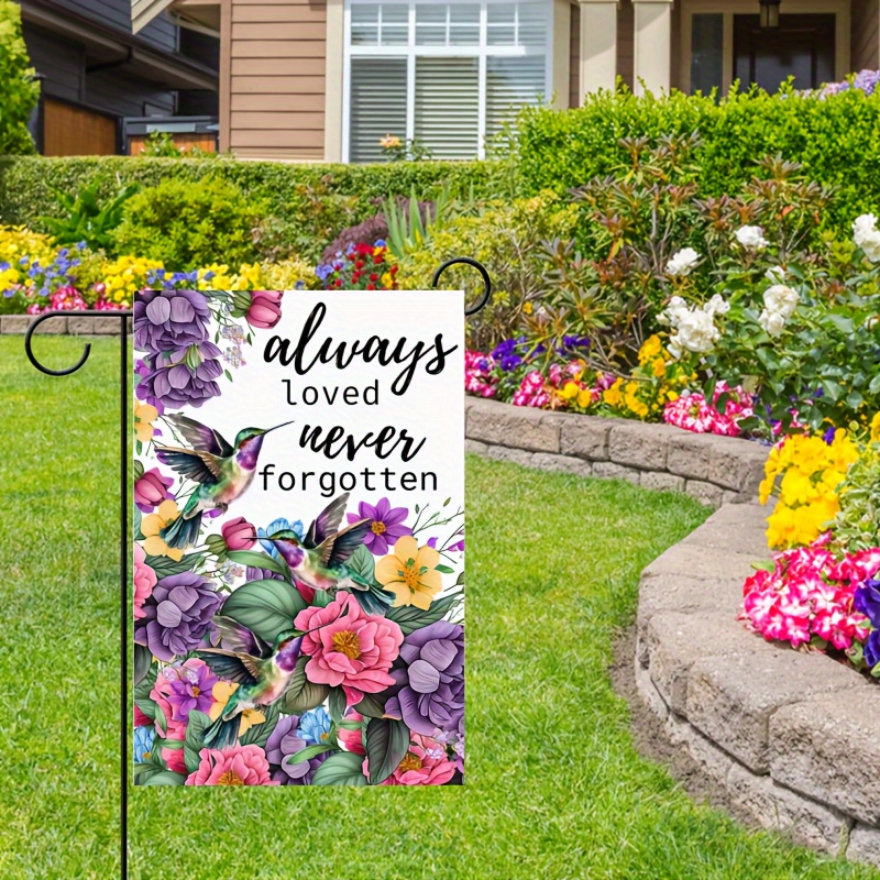 

Charming Double-sided Hummingbird & Floral Garden Flag - 'always Loved, Never Forgotten' Linen Outdoor Decor For Spring & Summer, Perfect For Lawns And