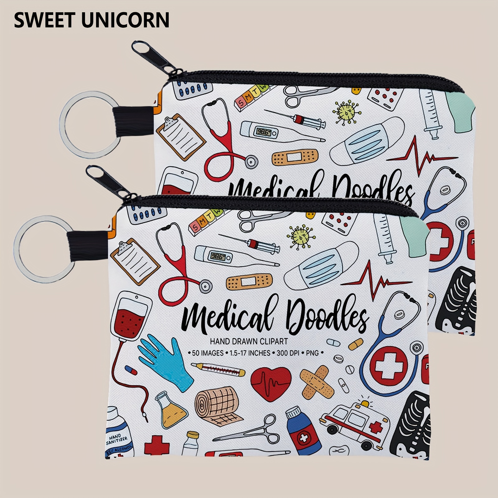 

2pcs/1 Set Cute Medical Print Mini Wallet, Lightweight Zipper Coin Purse With Keychain For Girls