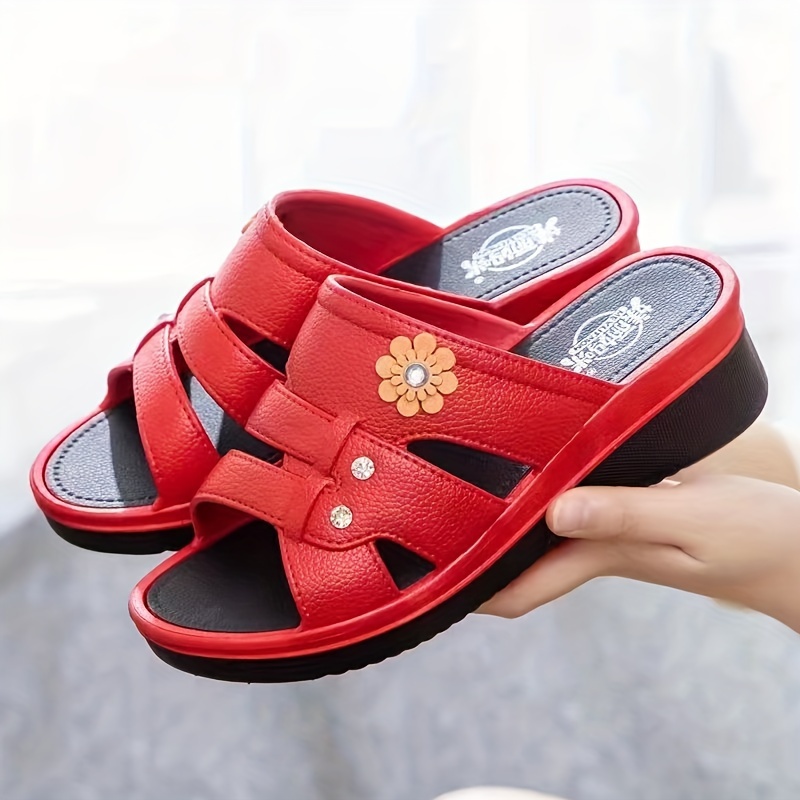 womens red floral embossed slide sandals comfortable open  display picture 3