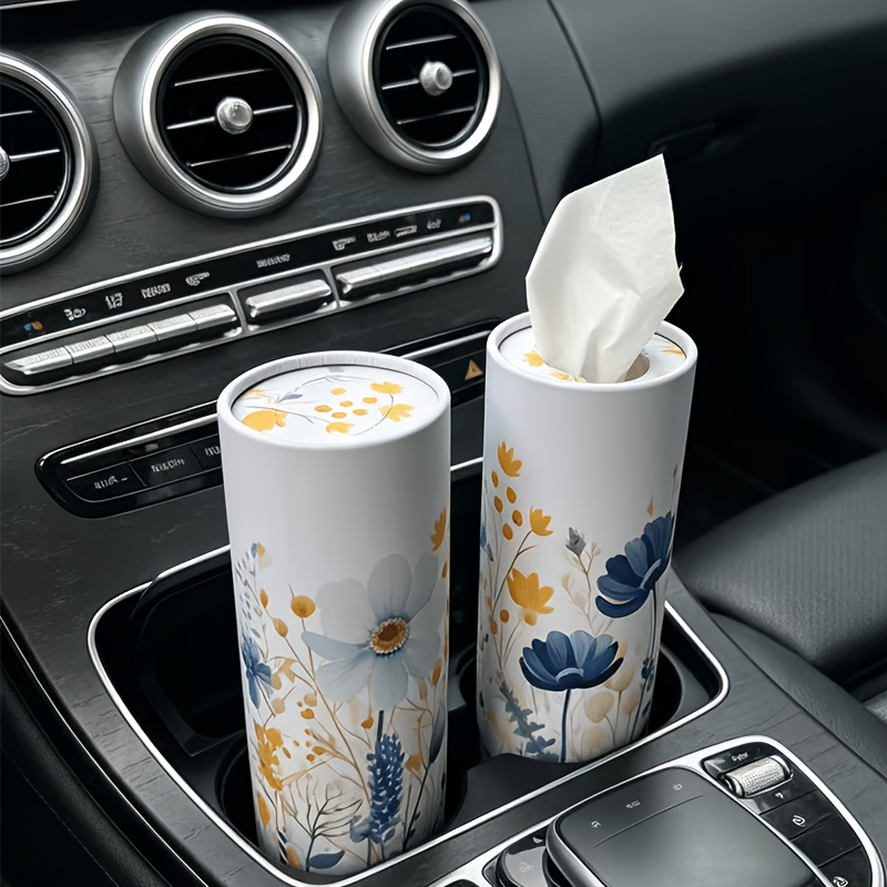 Image of Tissue Box - Floral Cylinder Design, For Car Cup Holder, Birthday Wedding Bridal Shower Decor - Sturdy Paper Construction, Home Party Vehicle Decor, Festive Ambiance, Shopping Gift