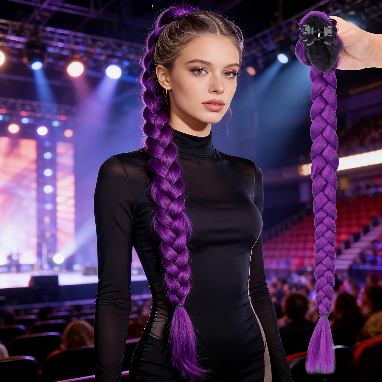 Image of Women's Clip-in Ponytail Hair Extension Wig - Kpop Style Purple Braided Hair Ponytail Synthetic Hair (no Glue/tools) - Clip-on Braids, Music Festival, Party