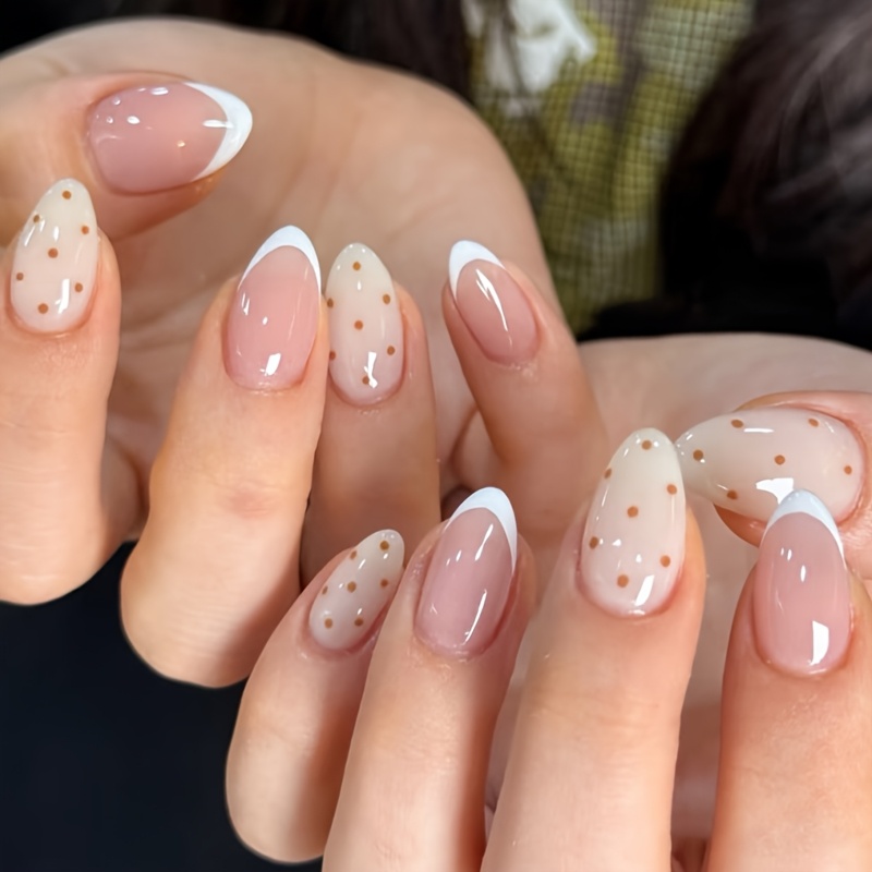 TEMU Upgrade Your Look - 24pcs Press-on Nail Set, With White Edging, Polka Dot & Circle Patterns, Effect, Detachable Fake Nails For Nail Extension,
