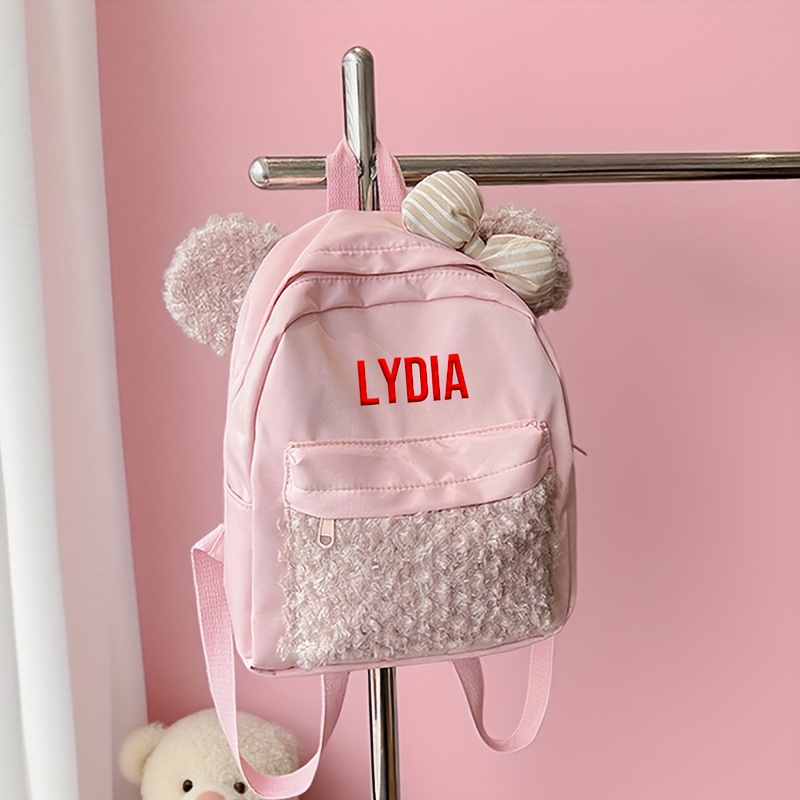 a pink embroidered womens backpack featuring plush bear ears  display picture 2