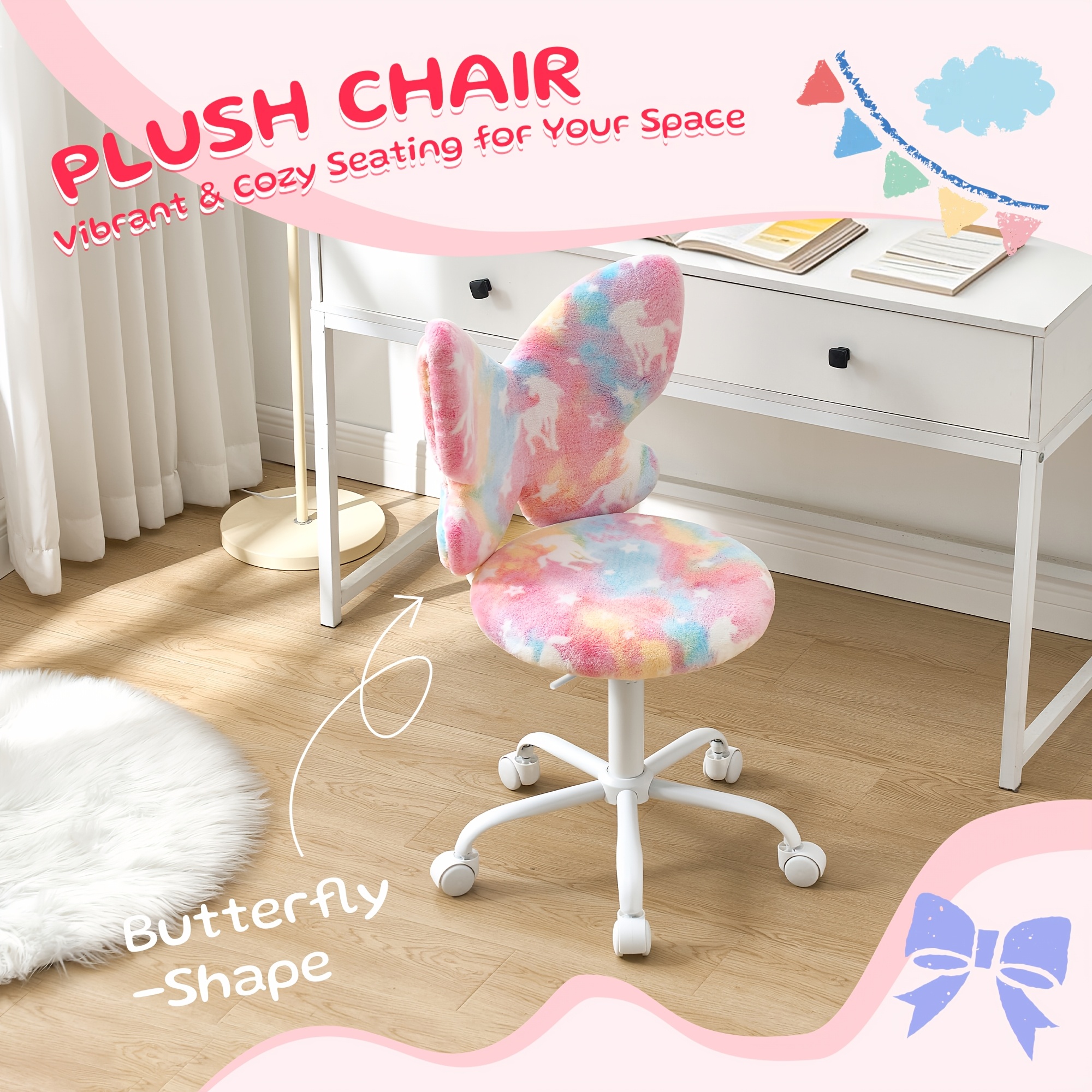 Girls Desk Chair - Comfy Swivel Kids Desk Chair for Girls Room, Fluffy Butterfly Kids Office Chair for Reading & Vanity
