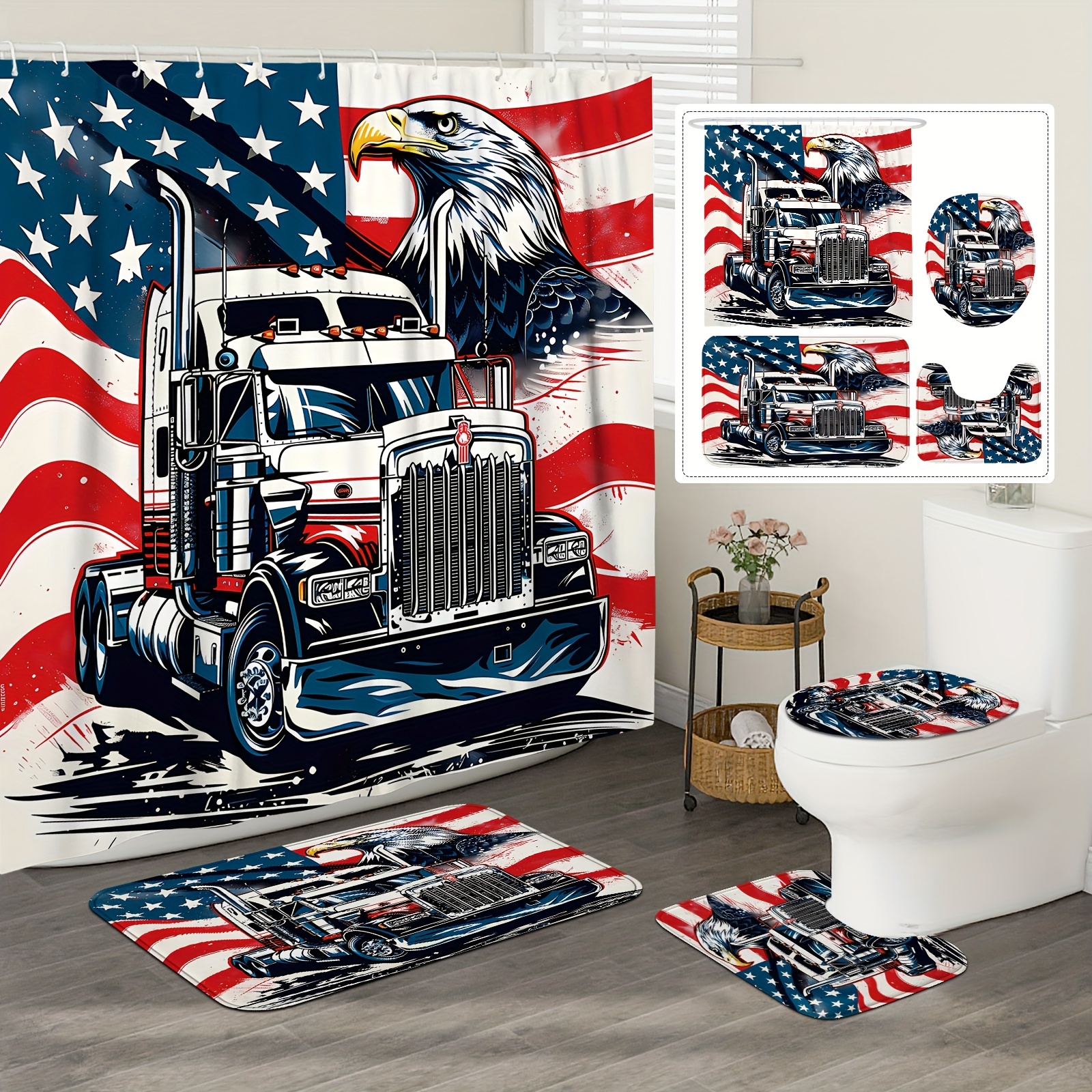 

1/4pcs Eagle & Truck Pattern Bathroom Shower Curtain Set, Waterproof Curtains With Plastic Hooks, Bathroom Carpet, U-shaped Mat, Toilet Cover Mat, Bathroom Decor, 4th Of July, Independence Day Decor