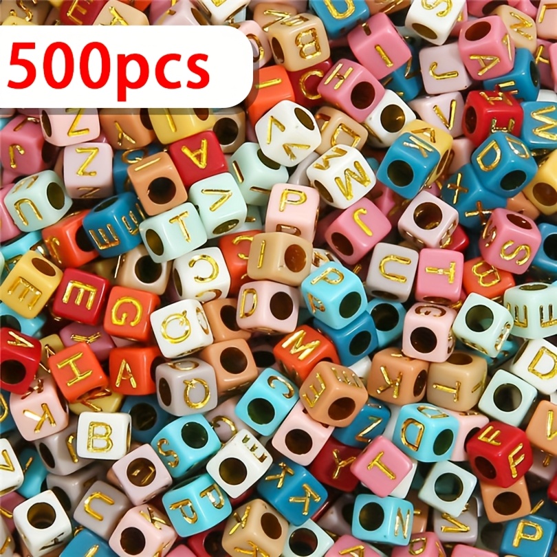 TEMU 500pcs Perles Carrées Acryliques Colorées Lettres Dorées A- Alphabet Perles pour la Fabrication de Bijoux, Bracelets, , Boucles d'Oreilles,