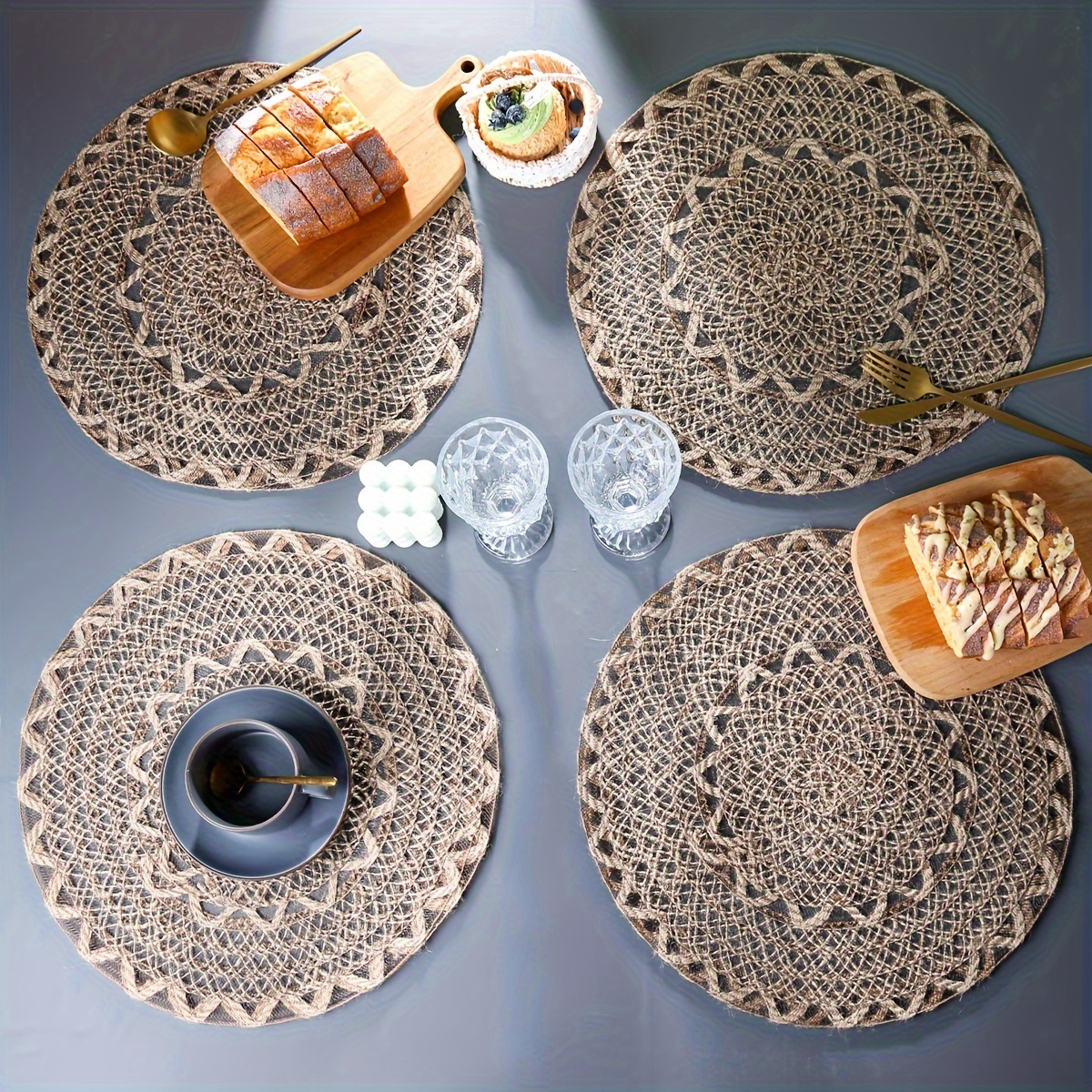 

4pcs Set Woven Jute Placemats With - Round, Non-slip Dining Table Mats For Kitchen & Restaurant Decor