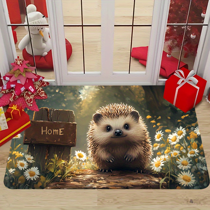 

1pc Adorable Hedgehog Floor Mat, Polyester Non-slip Carpet With Daisies And Welcome Sign, Machine Washable Table And Chair Mat For Home Decor