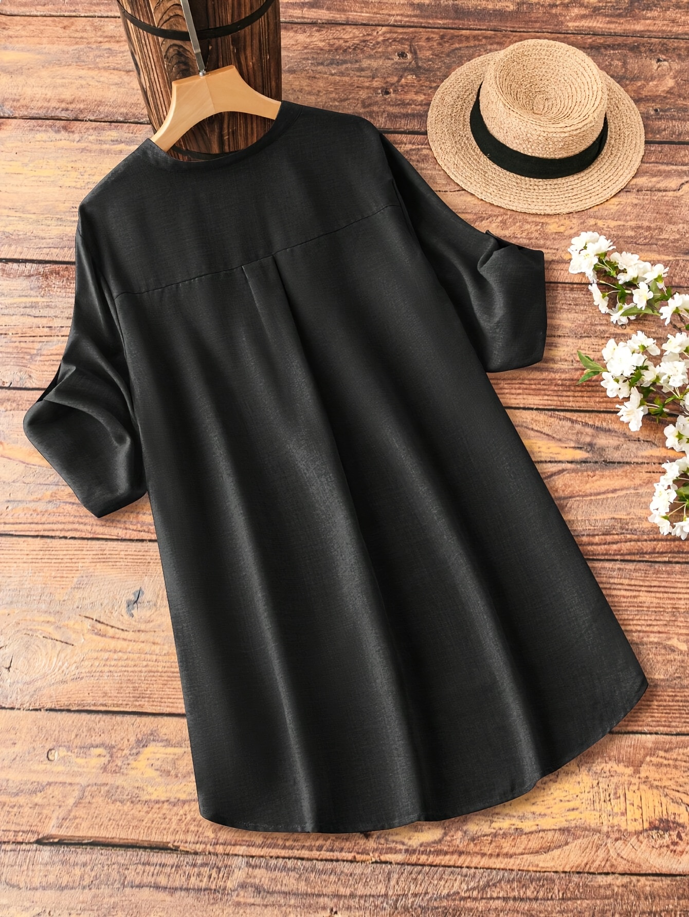 Plus Size Casual V-Neck Sleeveless Blouse with Fake Buttons - Beige, Asymmetrical Hem, Long-Sleeve, Non-Stretch Fabric, Perfect for Spring/Summer, Casual Attire|Vneck Blouse|Asymmetrical Hemline, Plus Size Shirts