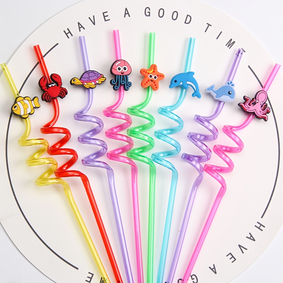 Image of Of 8 Reusable Spiral Plastic Straws Shaped Like Cartoon Sea Creatures, Perfect For Marine-themed Birthday Party Decorations And Small Gifts