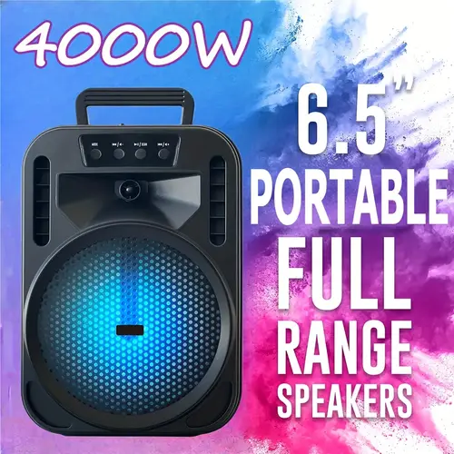 6 5 woofer 4000w rechargeable wireless speaker heavy bass tws usb tf aux fm led lights indoor outdoor pa system for parties camping home
