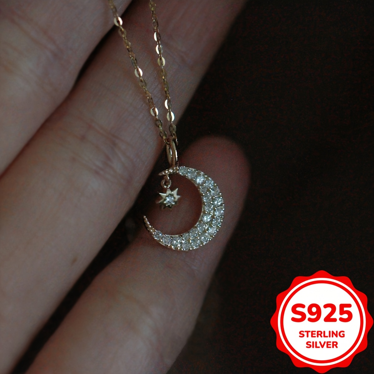 sterling silver s925 boho elegant star and moon pendant necklace with 5a zirconia 14k golden plated lightweight 2 6g synthetic stone daily gift jewelry for women 0
