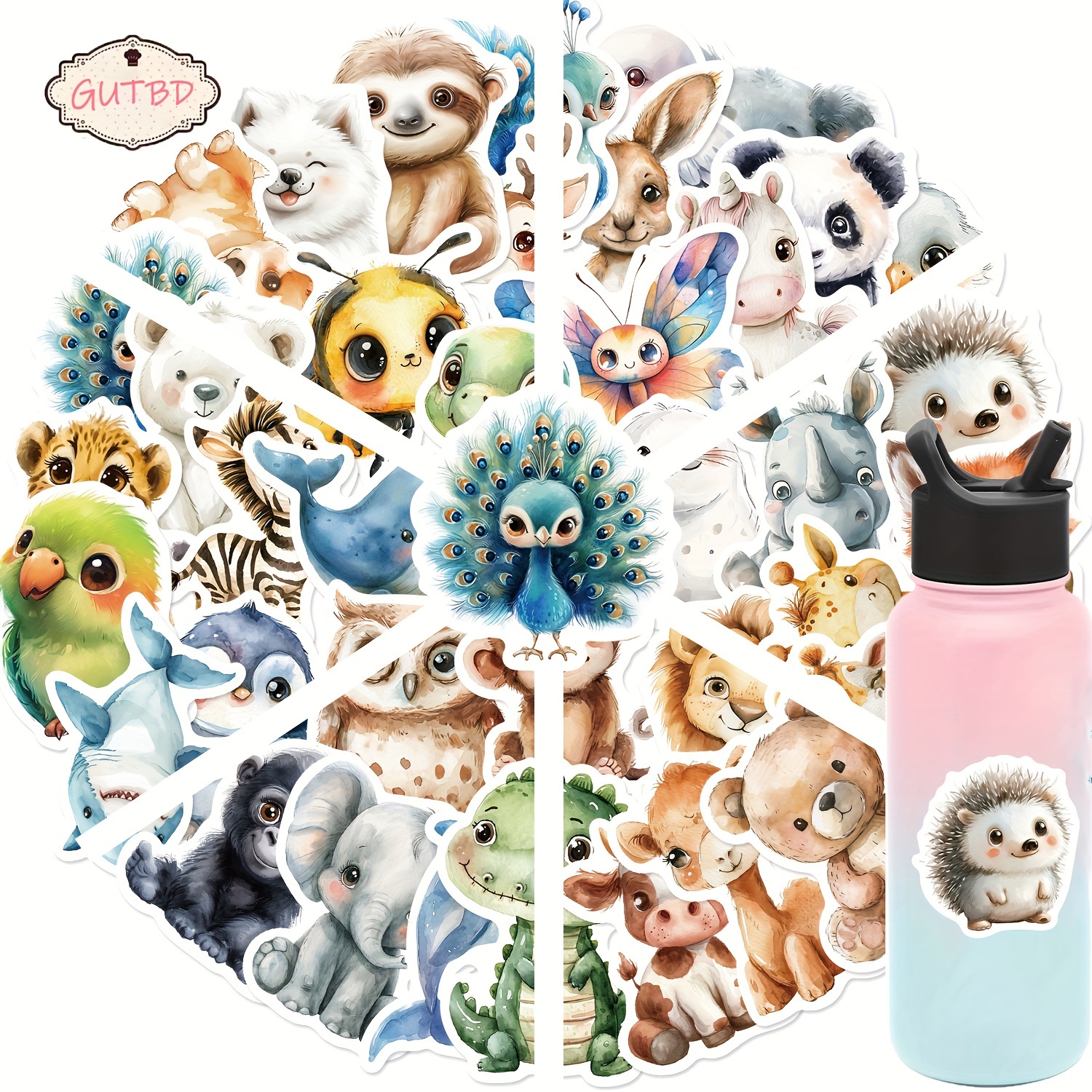 

50-pack Watercolor Animal Stickers - Reusable Vinyl Decals For Laptops, Skateboards & More | Matte Finish, Sparkle Accents