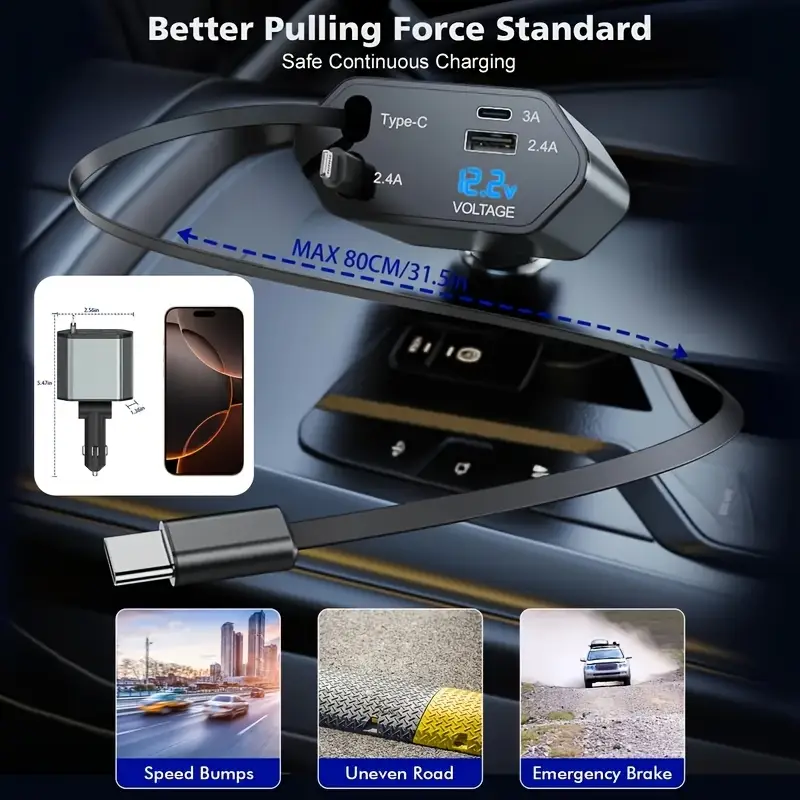 Retractable Car Charger – Fast USB-C/iPhone Compact Adapter