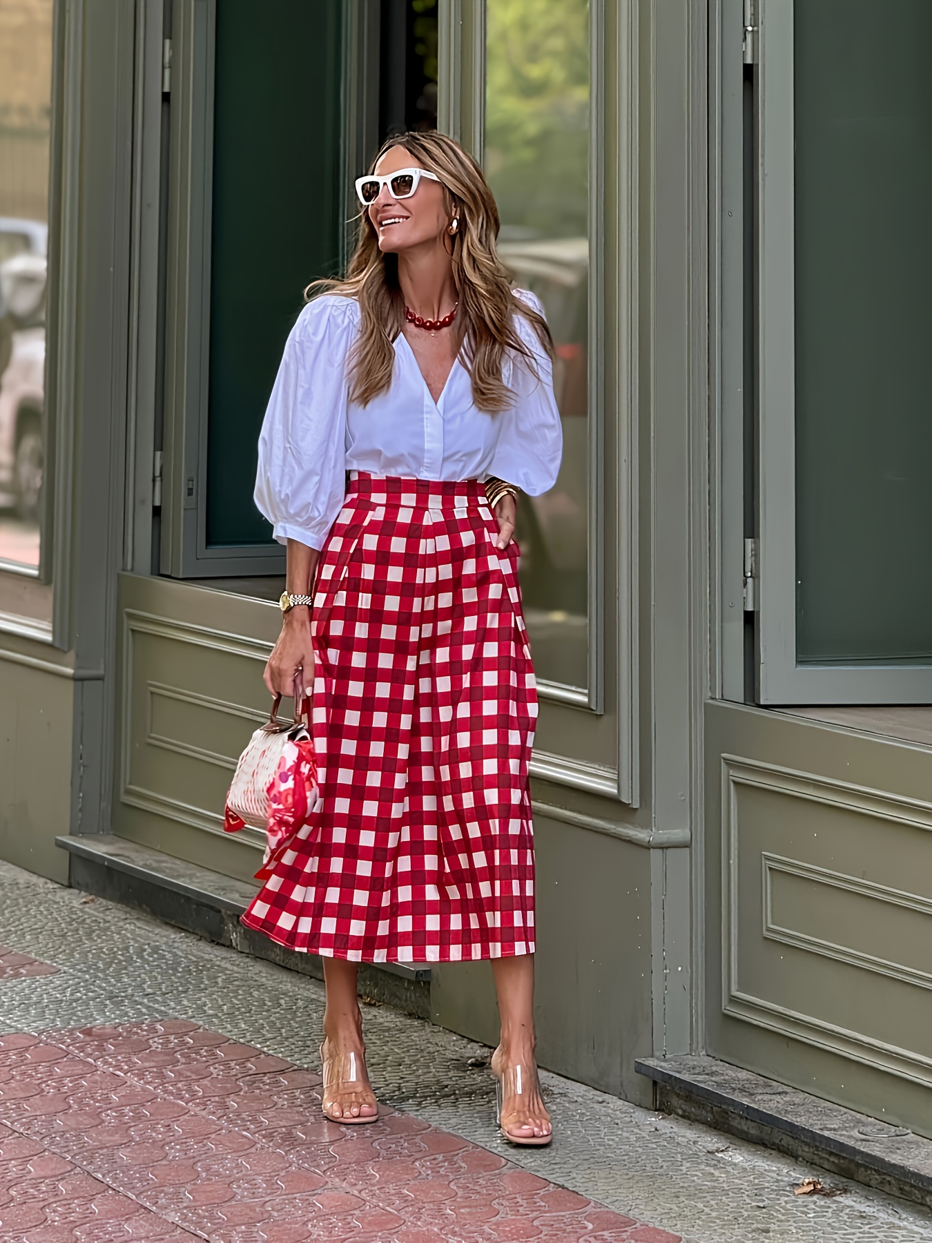 women's gingham high waisted a line skirt casual Temu Spain