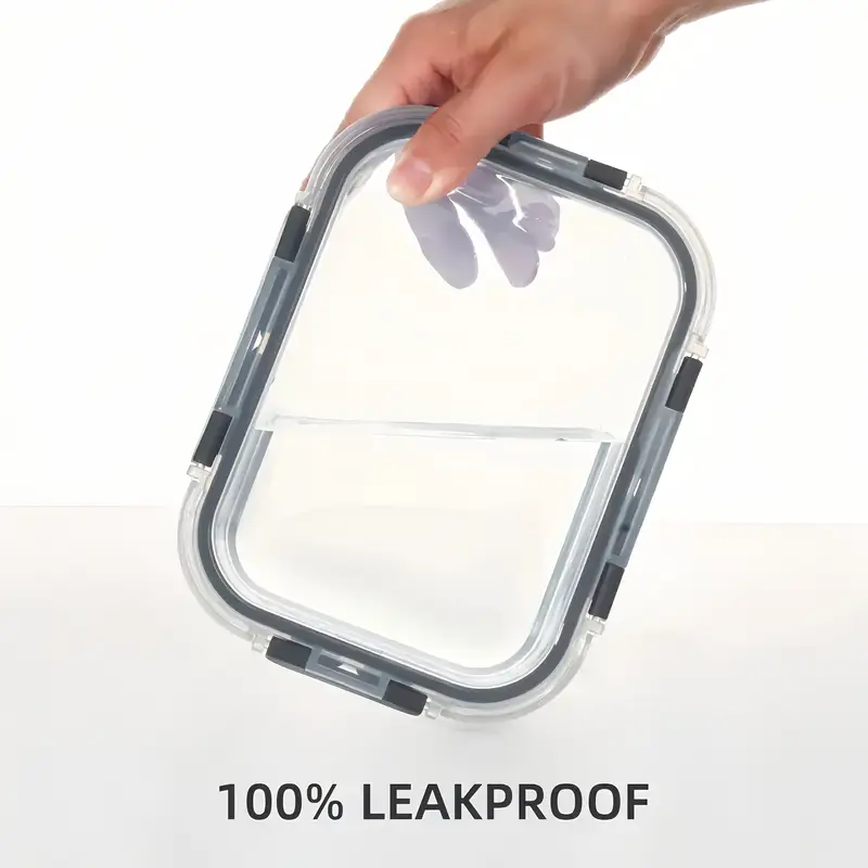 1pc transparent lid rectangular 1040ml with sealed lid high borosilicate thickened glass food storage container leak proof microwave oven and freezer safe built in silicone ring with four sided locking double sealing airtight lid stackable reusable no electricity integrated design easy to clean dead use suitable for home and travel takeaway lunch box Product details 3