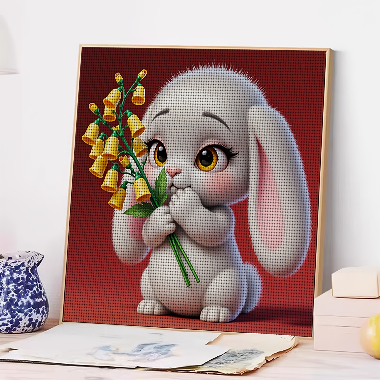 Cross-Stitch Printed Kit, White Rabbit Holding Yellow Flowers Design