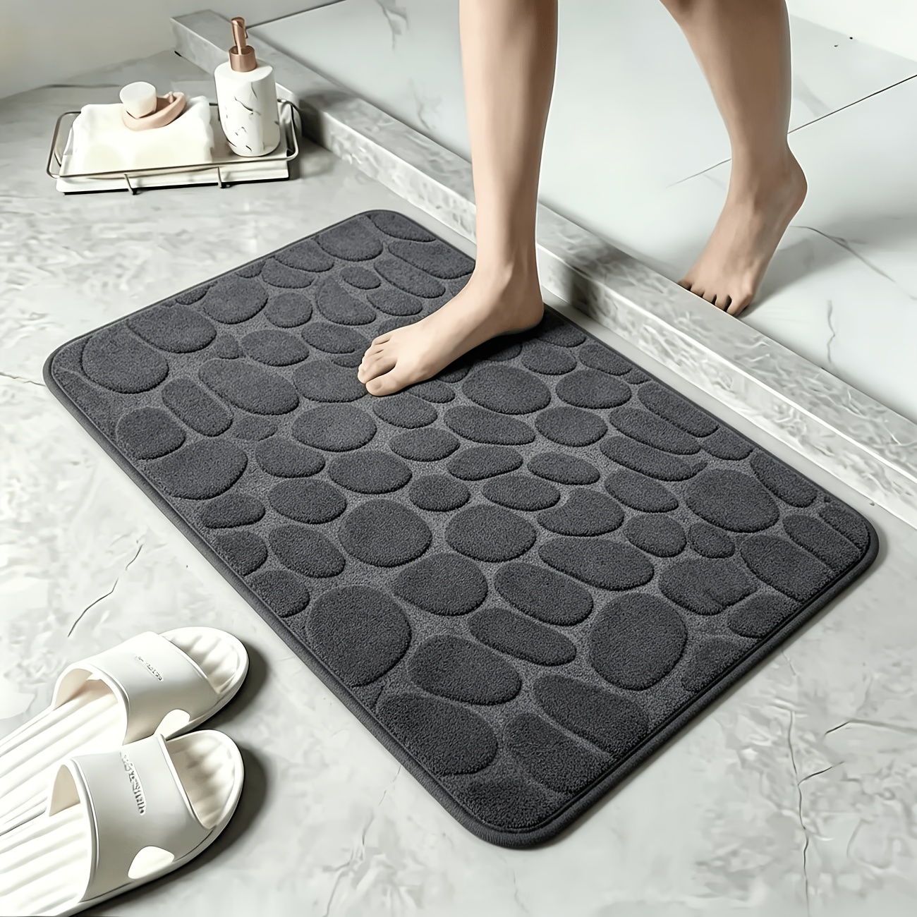 TEMU An Coral Fleece Bathroom Mat - Non-slip, Absorbent, Quick-drying, Pvc Backing, Machine Washable, Made Of Polyester, Rectangular, Suitable For