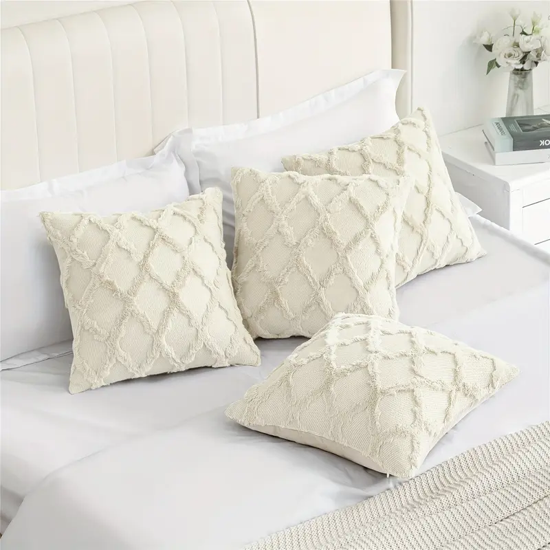 4 pack bohemian style throw pillow covers 18x18 inch shaggy plush wool 3d embroidery geometric pattern suede decorative cushion covers with zipper machine washable polyester for multiple room couch sofa living room decor Product details 0