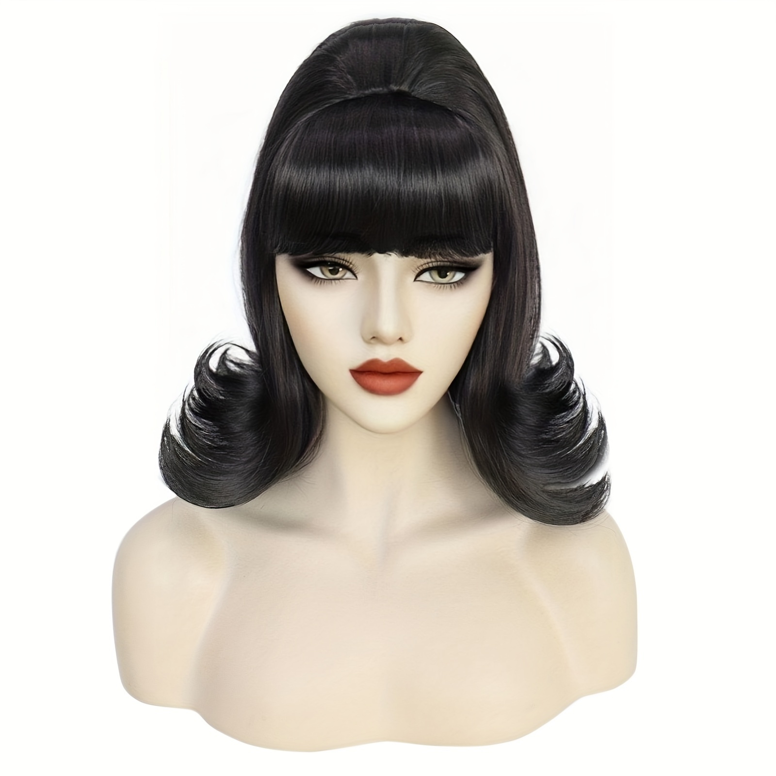 

1pc Retro Beehive Wig For Women, Synthetic Short Curly Black, 70s Style, Anime Theme, Heat Resistant Fiber, Hair, Cap