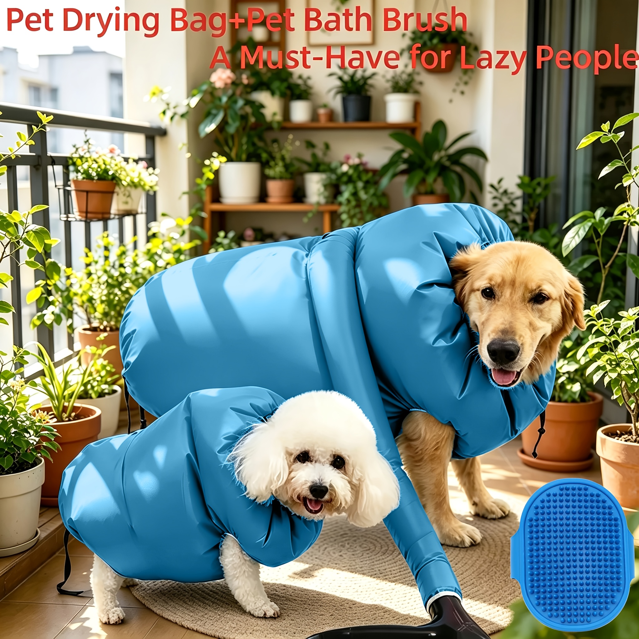 TEMU 2pcs (drying Bag And Pet Bath Brush) Portable Pet Drying Bag - Foldable Pet Drying Bag (suitable For Cats And Dogs) - Easy-to- Bag - Quick And