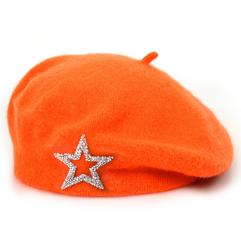 TEMU 1pc Autumn/winter New Solid Color Five-pointed Star Wool Beret For Women, Multiple Colors
