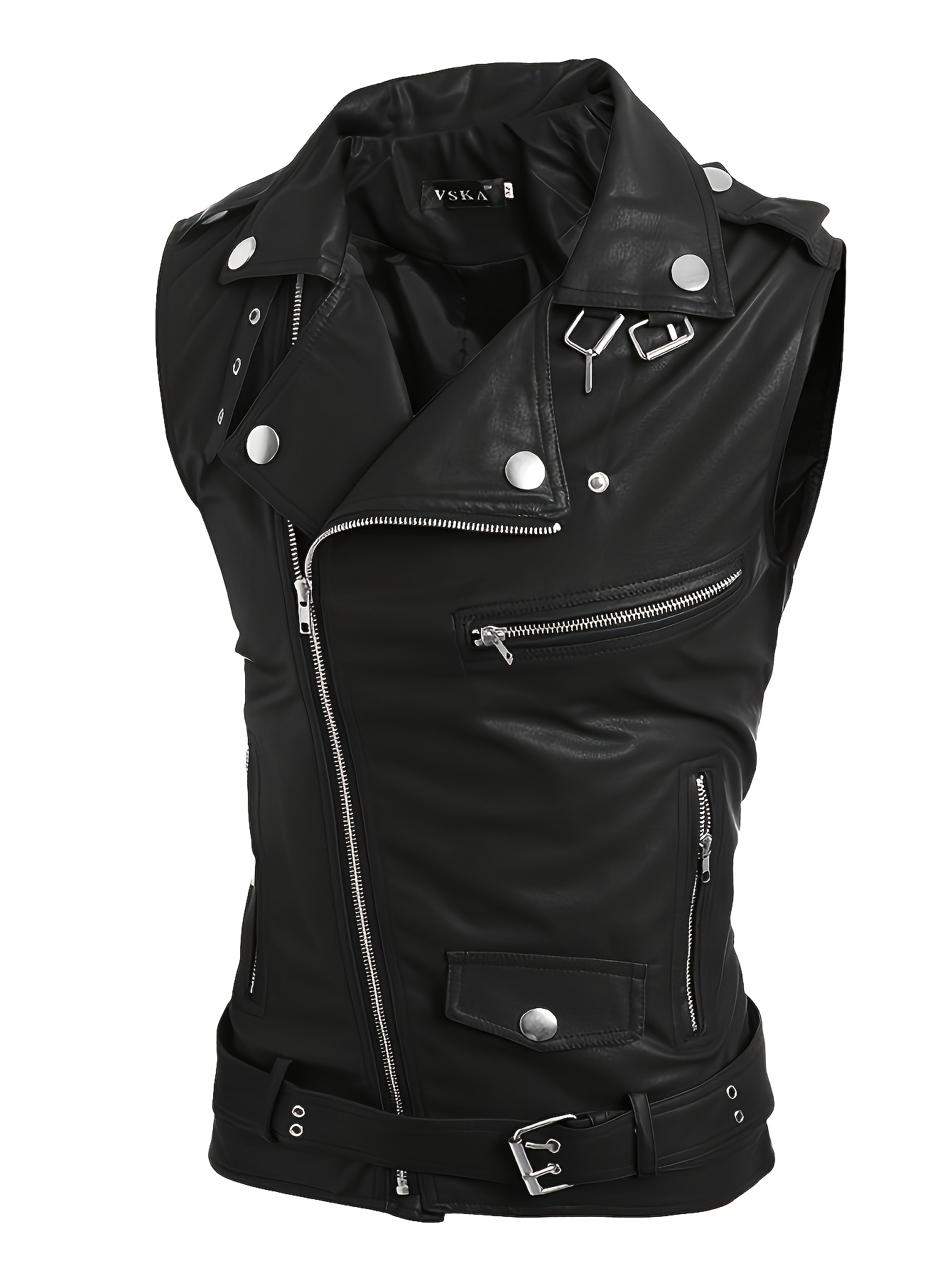 Black Color Men's Multi-Zip Lace-Up Vest Lapel Collar Casual Street Style Motorcycle Short Sleeveless Jacket Vest