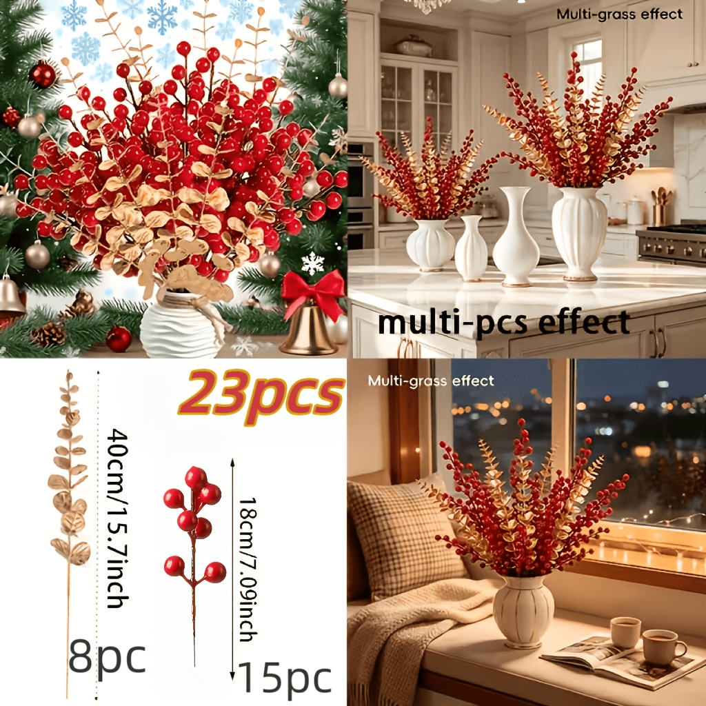 TEMU 23pcs Christmas Red Berries And Golden Eucalyptus Leaves Artificial Bouquet Faux Flowers Holiday Fake Flowers Decor Ornaments Suitable For