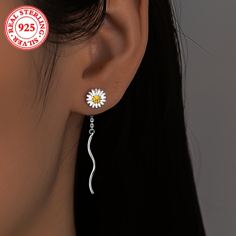 

1 Pair Elegant 925 Sterling Silver Daisy Drop Earrings, Fashionable Wave Design, Ladies Long Tassel Ear Line, Vacation Style Jewelry