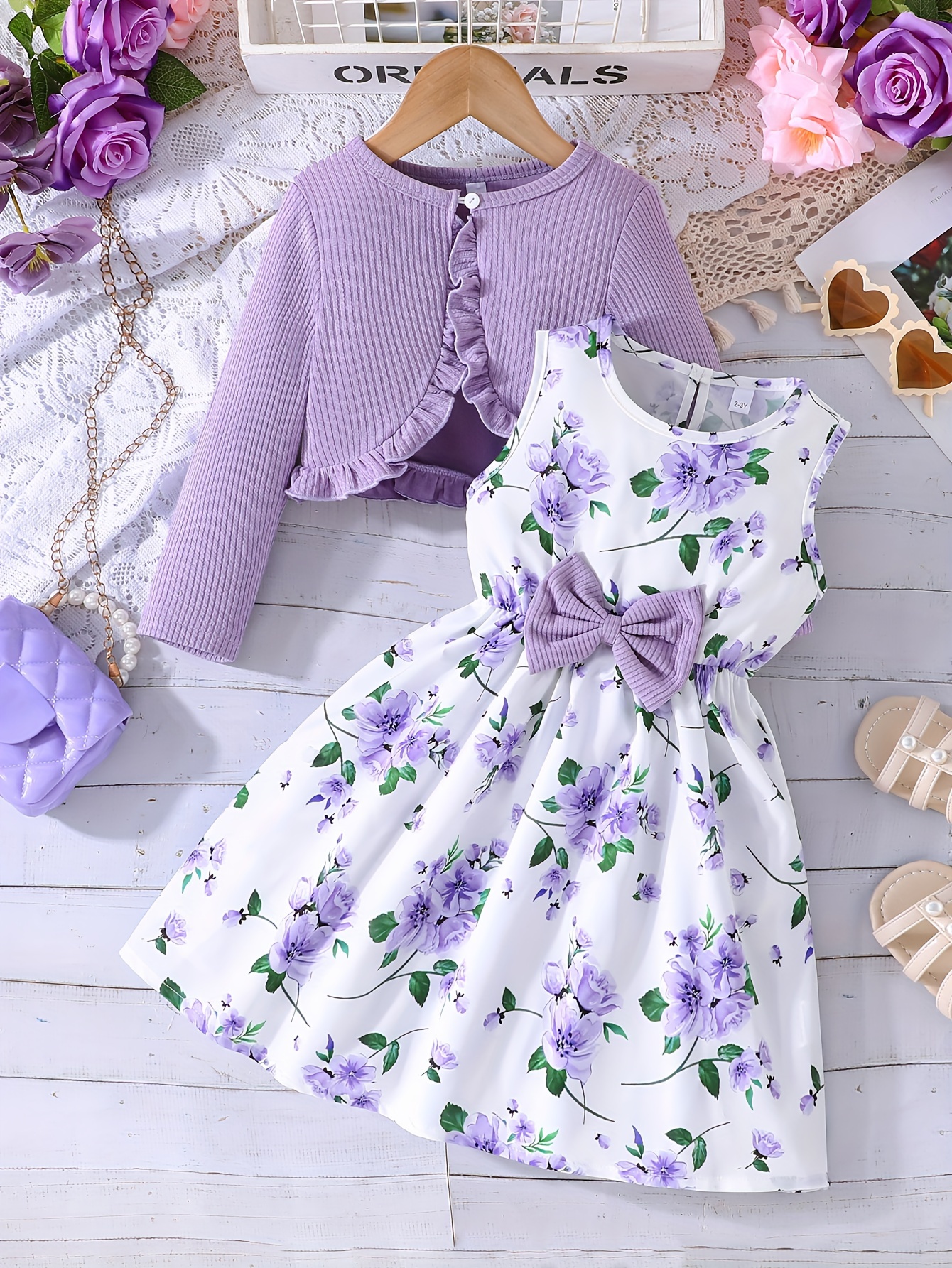 1 Set Girls Outfit Elegant Bow Floral Sleeveless Dress + Ruffle Trim Long Sleeve Cardigan - Fashion & Comfy 2pcs Spring/Fall urban outdoor Clothes