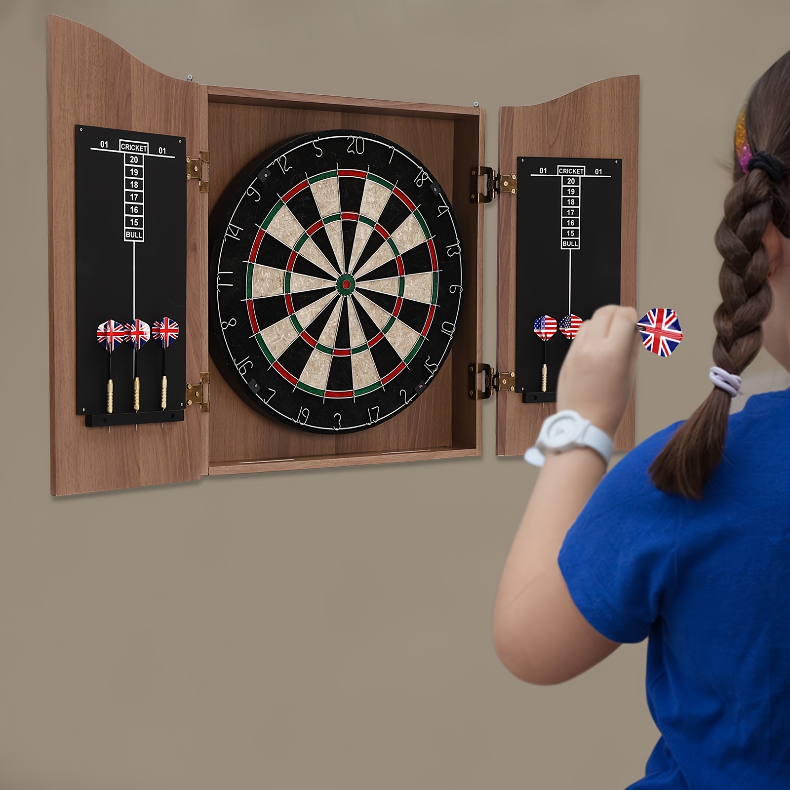 

Brown Wall-mounted Wooden Dartboard W/ Cabinet & Dart Boards Set For Adults