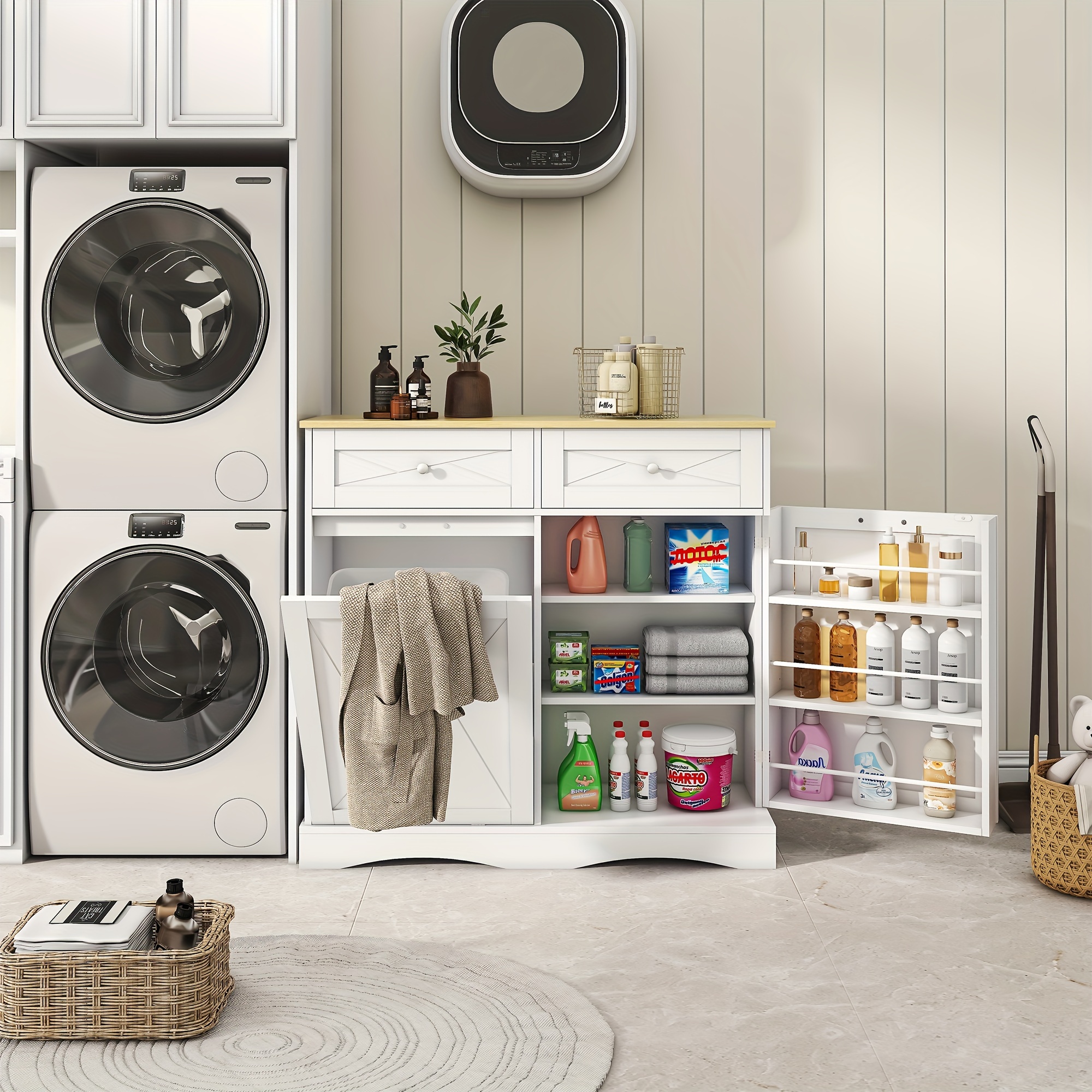Wood Kitchen Pantry Island with Tilt-Out Trash Cabinet & Laundry Hamper - Adjustable Shelf Suitable for for, Suitable for Small Spaces, Hidden with Drawers, Tilt-Out Basket System, Space-Saving