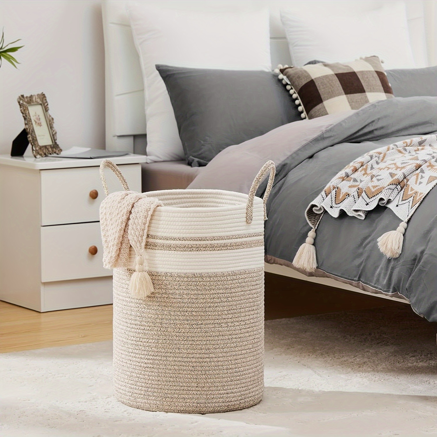 1pc 58l Woven Rope Laundry Hamper, Tall Boho Laundry Basket Storage, Large Hamper For Blankets, Clothes Hamper For Bedroom And Living Room Organizing, Shelf Baskets