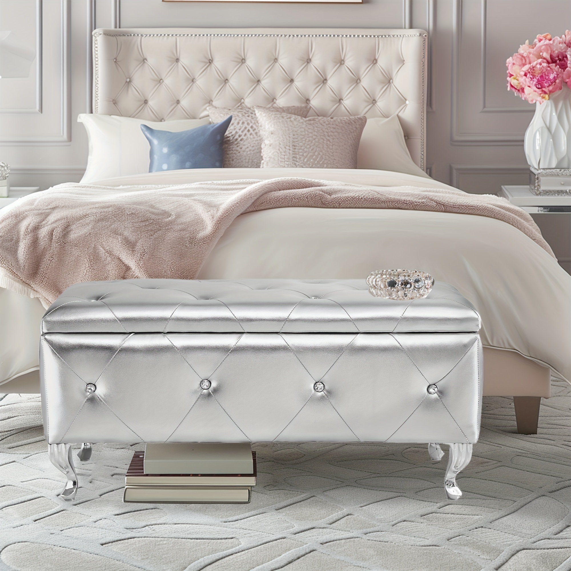 

Upholstered Storage Ottoman Bench For Bedroom End Of Bed Faux Leather Rectangular Footrest With Crystal Buttons For Living Room Entryway (silver)