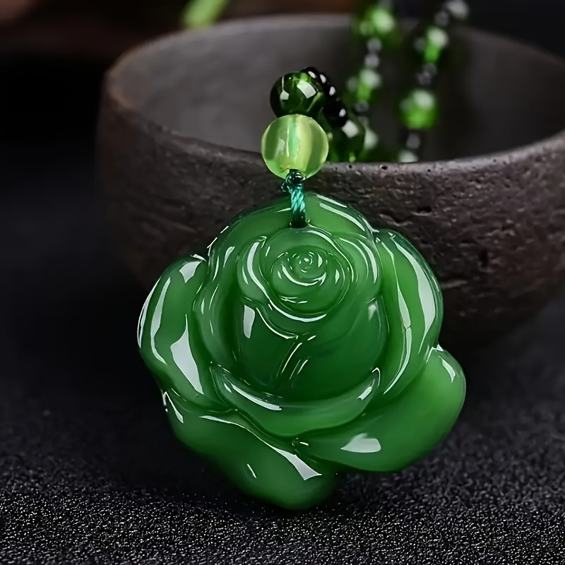 TEMU Women' Elegant Bohemian Vintage Look Imitation Jade Rose Flower Charm Necklace - Carved Rose Pendant, No Plating Required, Daily & Party Gift