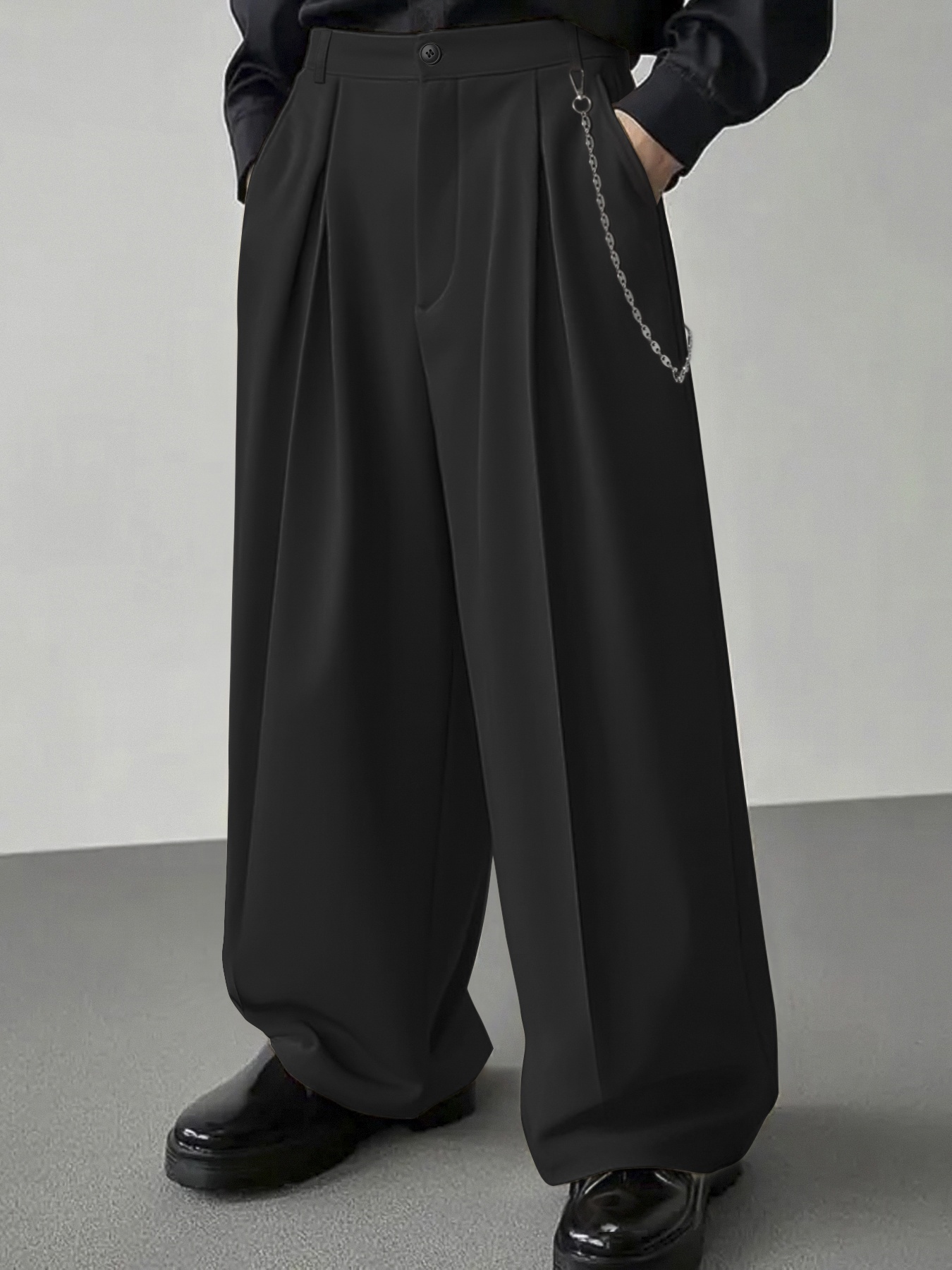 mens casual loose fit wide leg trousers with chain detail breathable non stretch fabric       versatile for office streetwear solid color versatile trousers loose fit pants durable trousers black 0