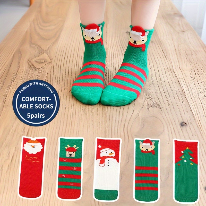 

5 Pairs Of ' Socks And Boys' Socks With Cartoon Christmas Characters, 's Socks, Cute, Fashionable, Versatile, Casual, Comfortable, High , Wear-resistant, Mid-calf Socks, Autumn And Winter Models