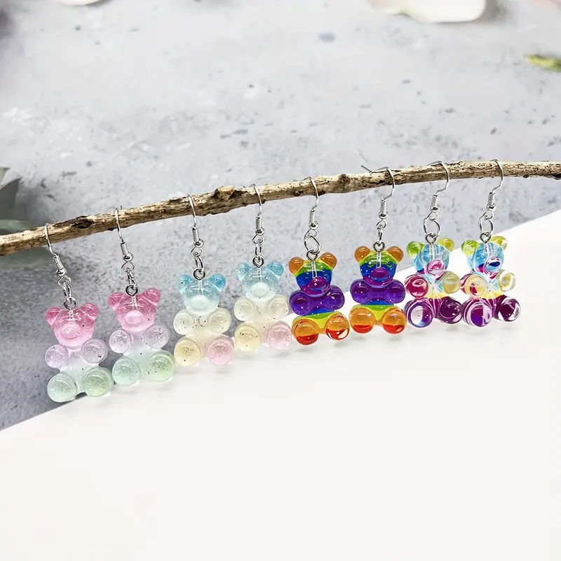 resin gummy bear earrings 4 pairs of colorful cartoon charms for everyday wear or as a gift details 1