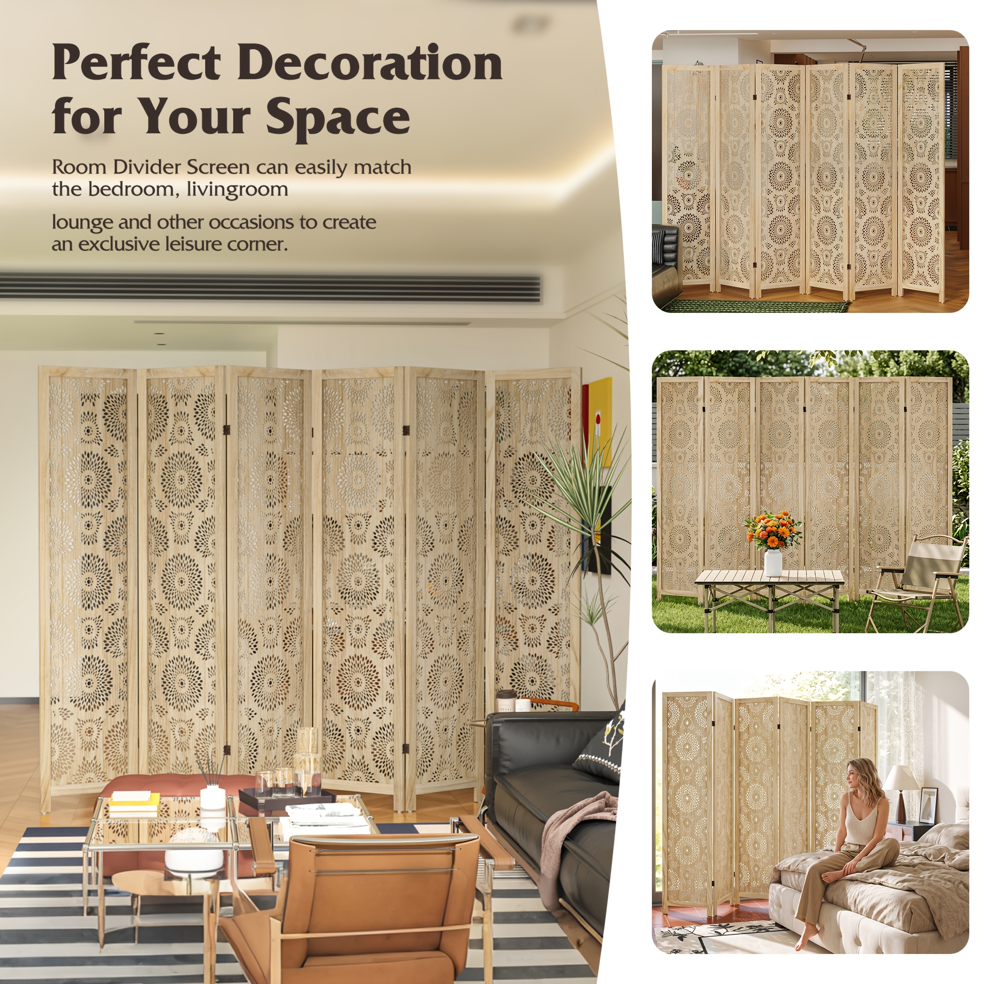 6 Or 4 Panel Wood Screen Room Divider, Farmhouse Style Carved Boho Wall Dividers Folding Screens, Freestanding Hollow Partition Privacy Screen for Home Office Bedroom Studio Apartment, Natural