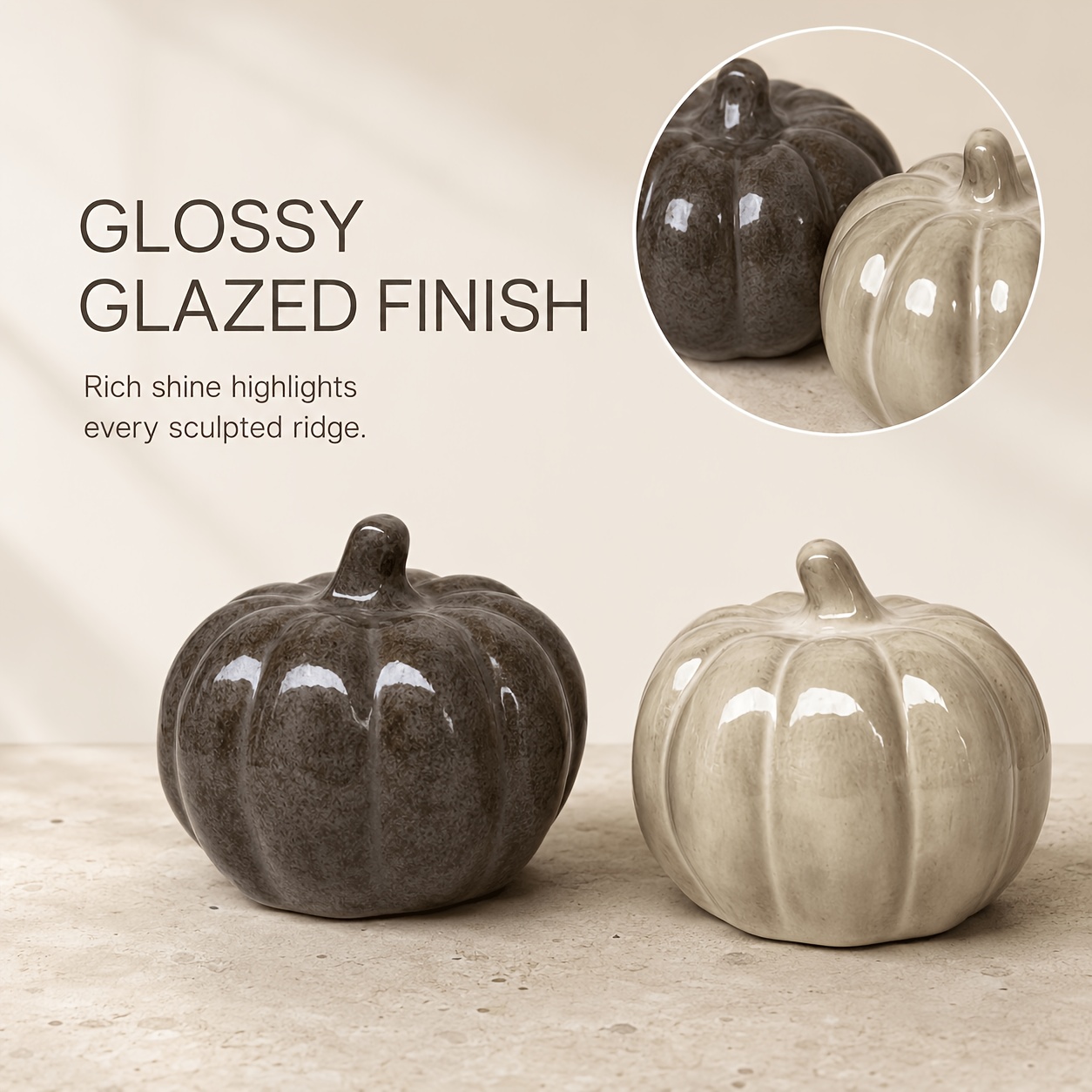2pcs Glossy Ceramic Pumpkin Decorations for Halloween & Fall