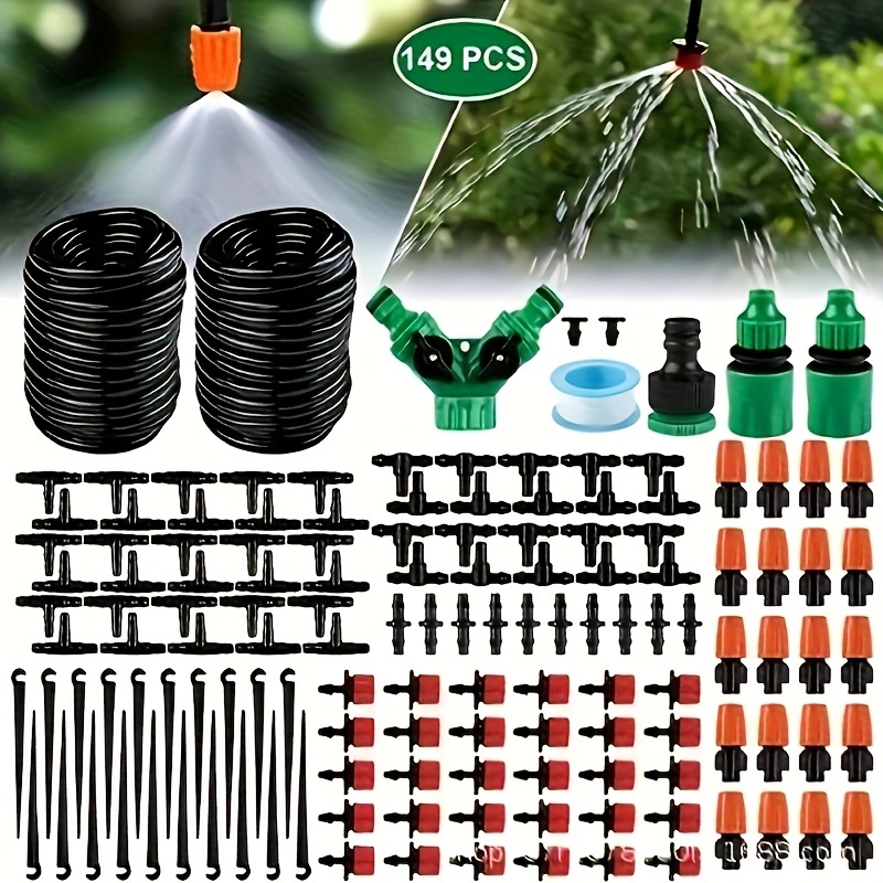 

Automatic Drip Irrigation Kit With Adjustable Nozzles, 100ft/30m Distribution Tubing Hose, Mist Cooling System For Garden, Greenhouse, Patio, Lawn - 8 Holes Water Outlets, 1 Set
