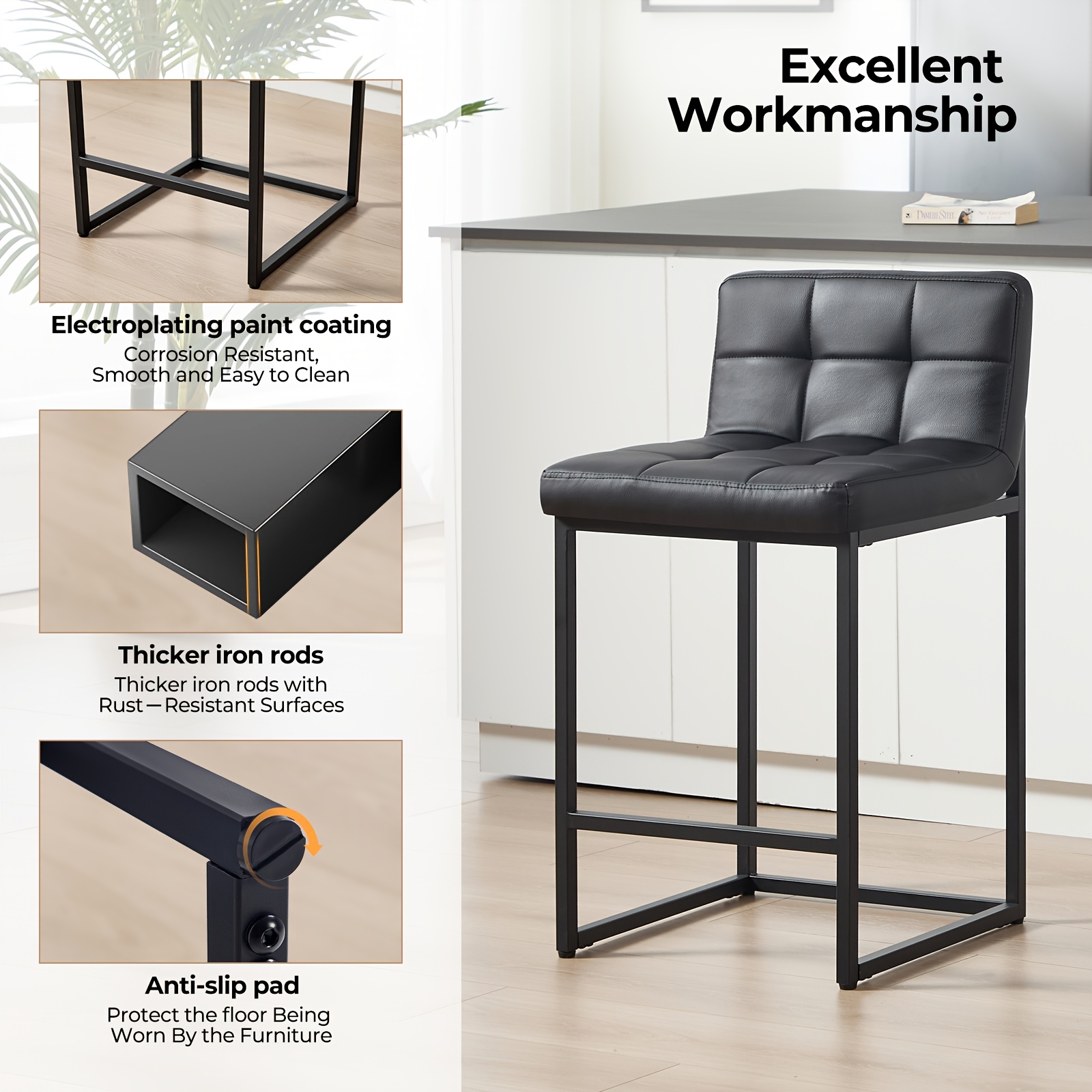 DMKAI Set Of 2 Modern Counter Height Bar Stools - Black Faux Leather Upholstered, Diamond-Tufted Seat, Sturdy Black Metal Cantilever Base with Footrest | Minimalist Bar Stools for Kitchen Island