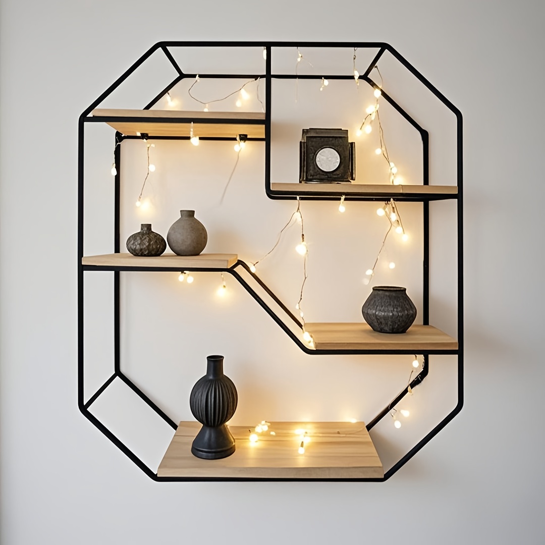 TEMU Étagère Flottante Dorée et Noire en Fer Forgié à 5 Niveaux, Étagère Murale de Décoration de Chambre à Coucher, Étagère de Rangement pour Salon,