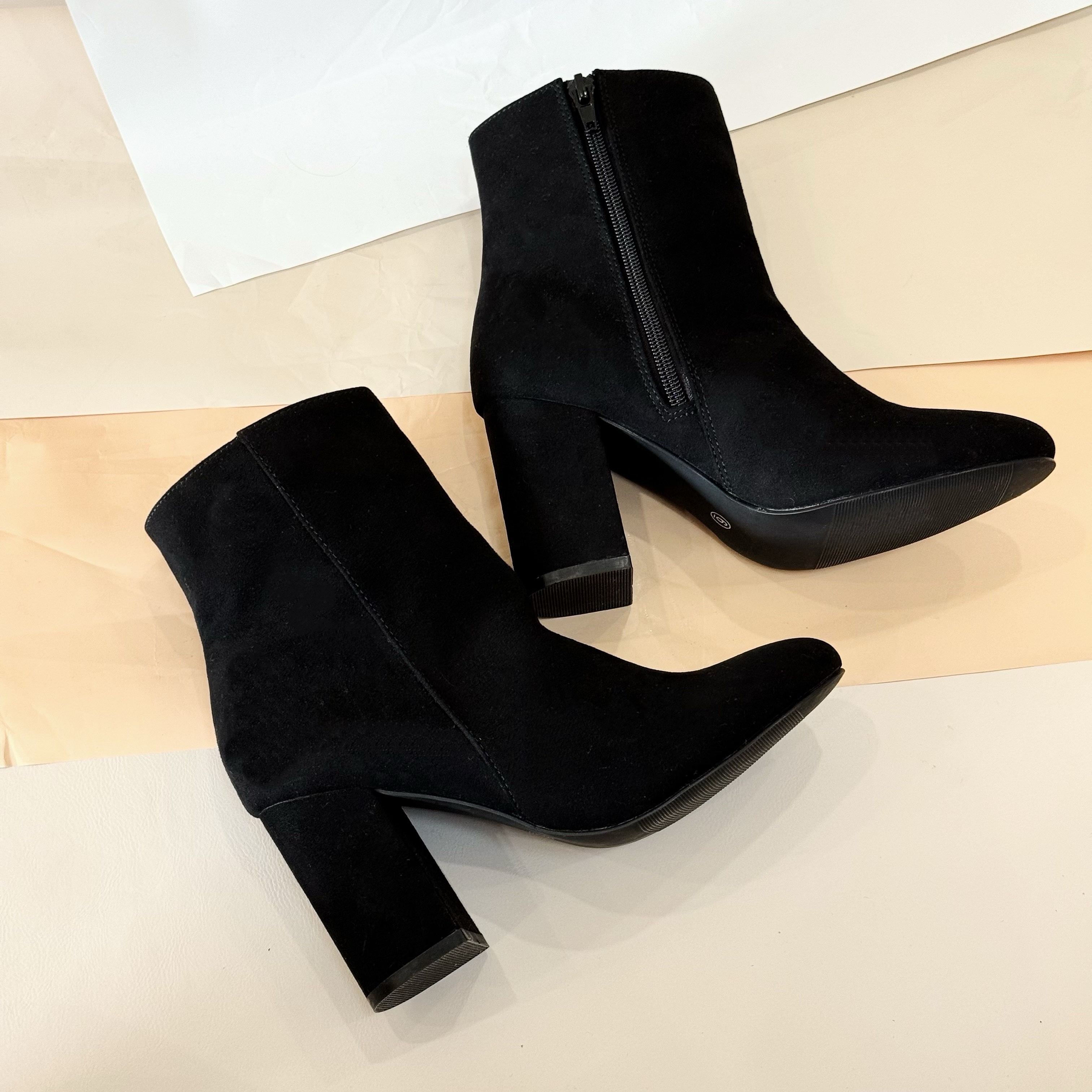 Women's Elegant Black High-Heeled Ankle Boots with Side Zipper – Classic  Solid Color, Comfortable Chunky Heel, Pointed Toe Cover Upper Rubber  Sole