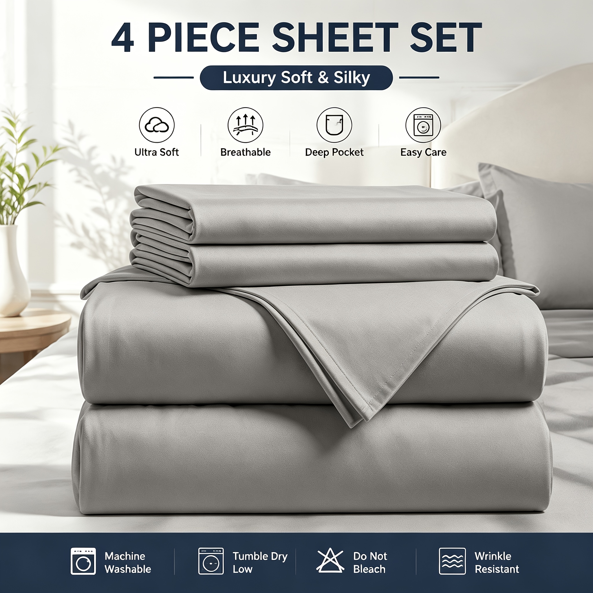 TEMU 4pcs Brushed Bedding, Deep 12 Inches - Multi-scene Use, Machine Washable