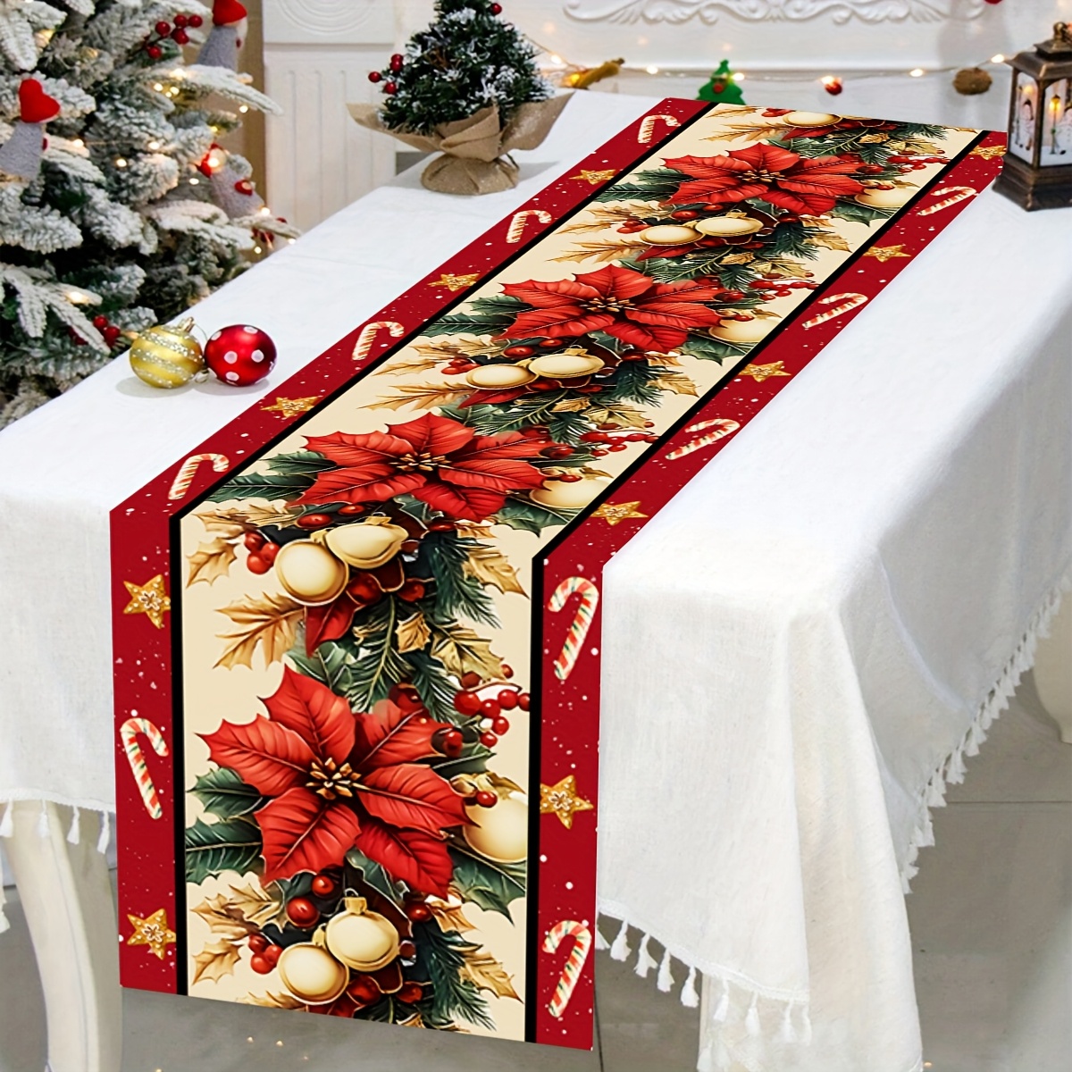 TEMU 1pc 2d Flat Printing Table Runner, Red Candlestick Holly Golden Christmas Flower Christmas Bell Gold-bordered Long Table Runner, Festive Fabric