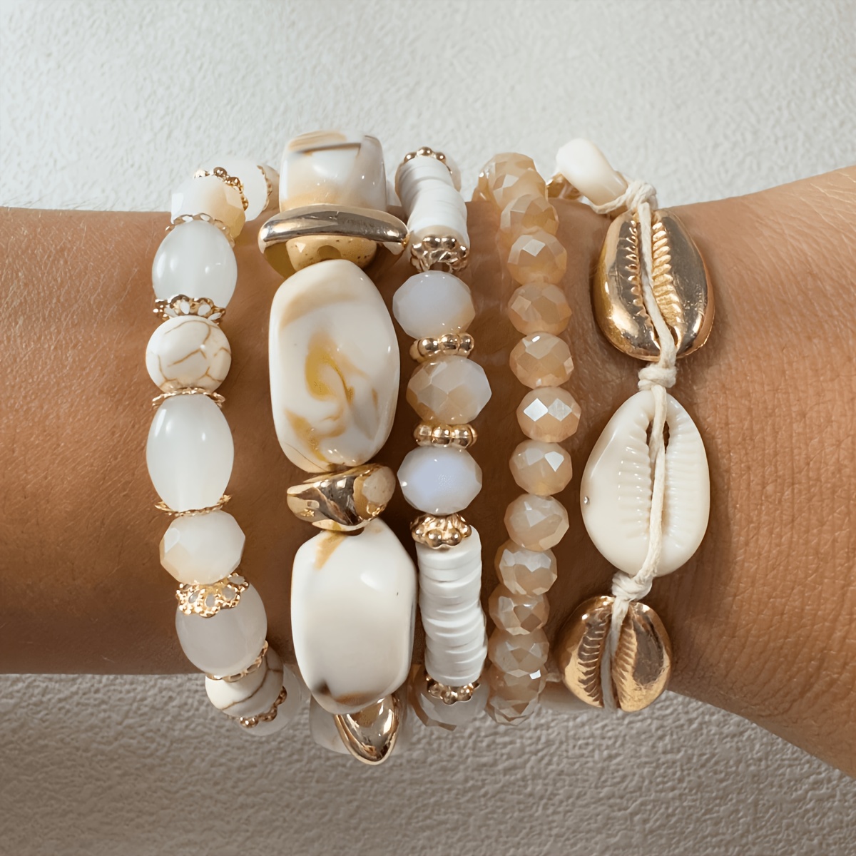TEMU 5pcs Bohemian Seashell Bead Bracelet Set, Stackable Geometric Irregular Bead Elastic Cord Bracelet, Suitable For Women' Wear, , A For Gifts